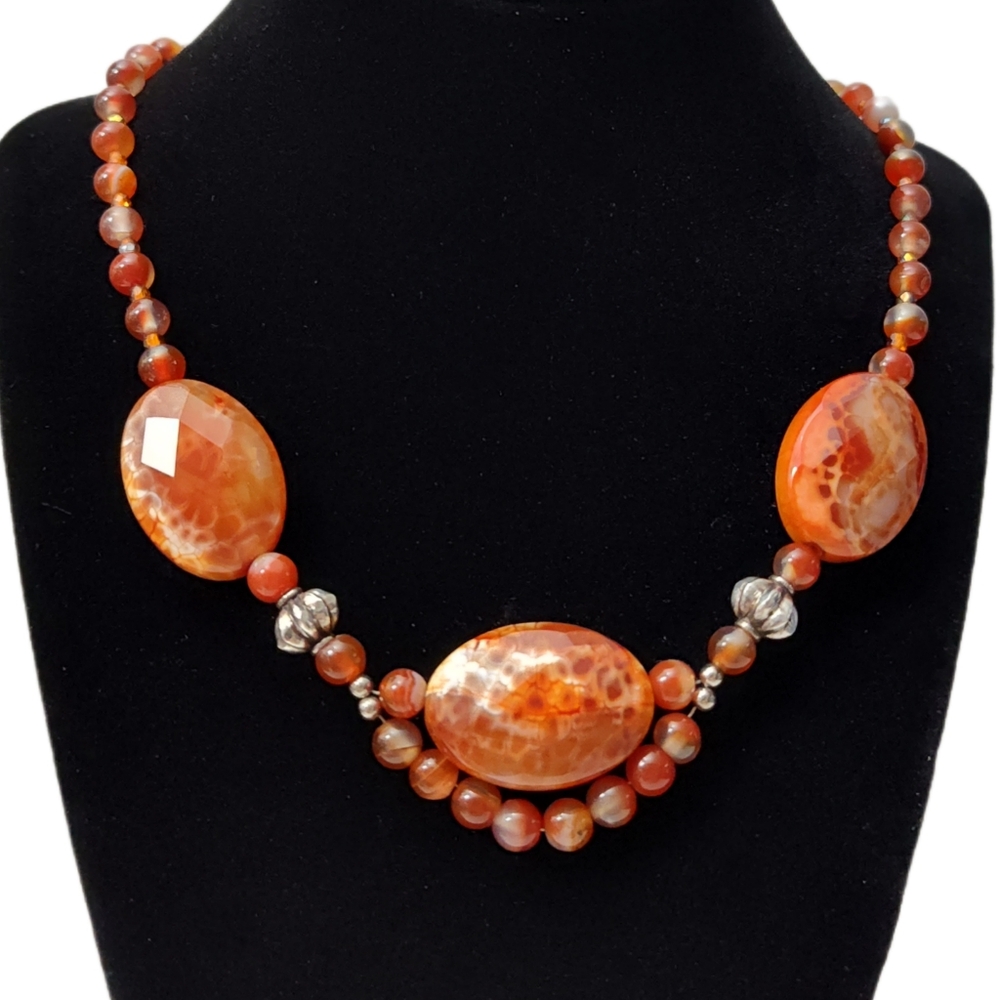 Vintage Sterling Silver Faceted Red Fire Agate Statement Necklace 19" - Picture 3 of 12